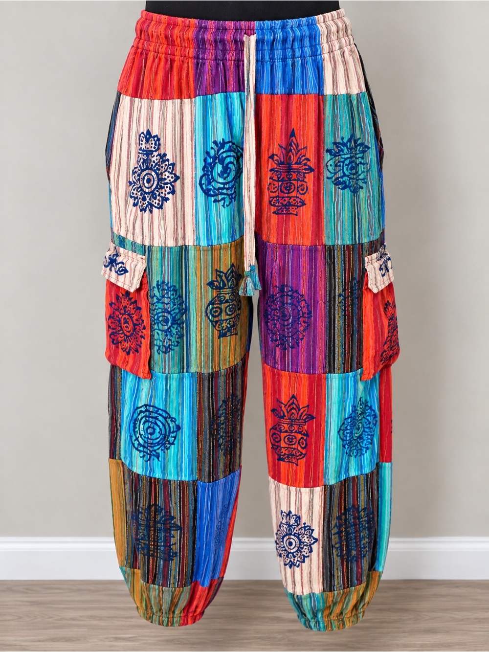 Colorful Patchwork Boho Cargo Harem Pants • Small • Festival Hippie